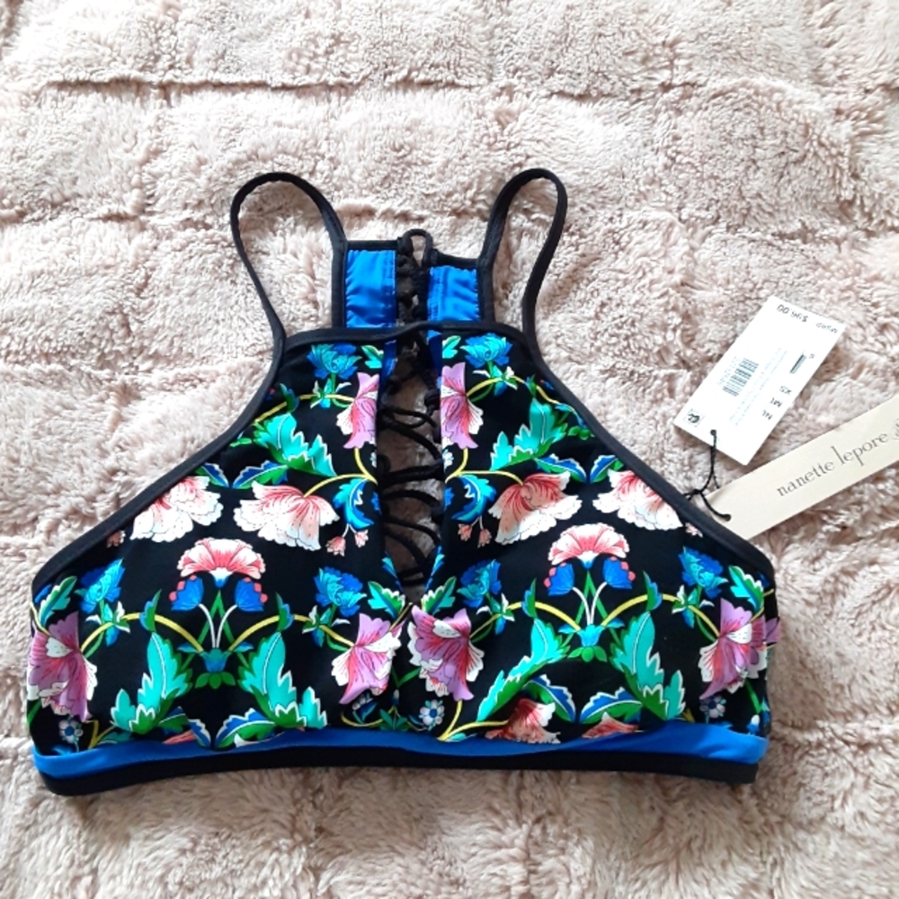 NWT Nanette Lepore black floral pattern swim halter top with lace up back